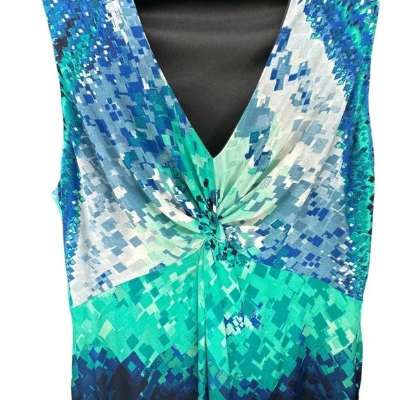 Donna Ricco 14 blue green abstract print sleeveless v-neck maxi dress - Picture 5 of 8